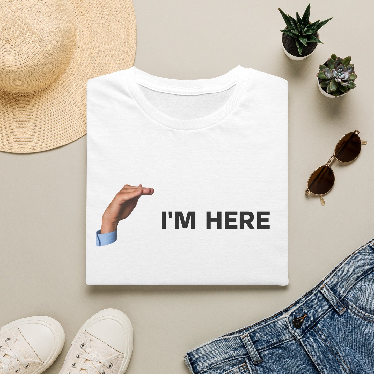 Minimal hand reaching I'M HERE T-Shirt | Funny hands design